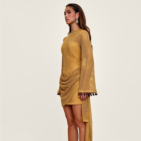 Andrea Iyamah Mustard Gold Long Sleeve Mesh Mini Dress - Picture 2 of 4